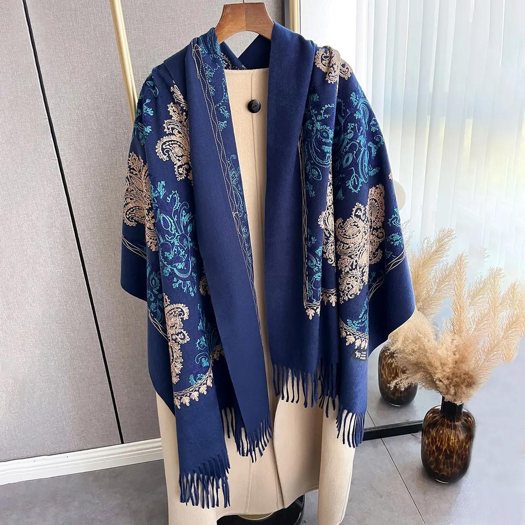 Varmt vinter skjerf i kasjmir for kvinner Broderi Pashmina teppe Tykt sjal Wrap Skjerf Mote Bufanda Echarpe Poncho