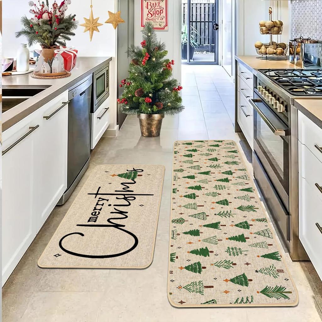 2pcs Christmas Atmosphere Floor Mat Non-slip Stain-resistant Bathroom Mat Kitchen Rug for Holiday Home Decoration