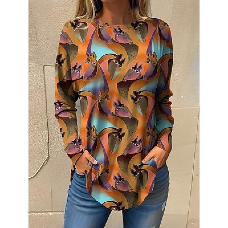 Women's T shirt Tee Animal Daily Weekend White Navy Blue Blue Print Long Sleeve Fashion Round Neck Regular Fit Spring &  Fall