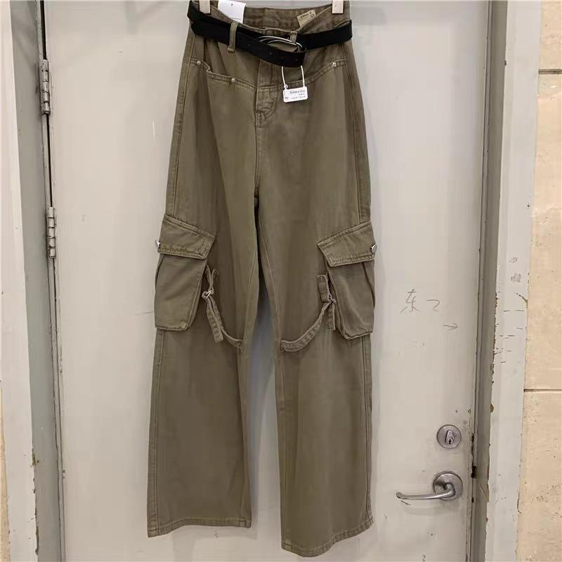 Overalls women s autumn new high waist loose and thin big pocket design high waist straight wide leg jeans S хаки