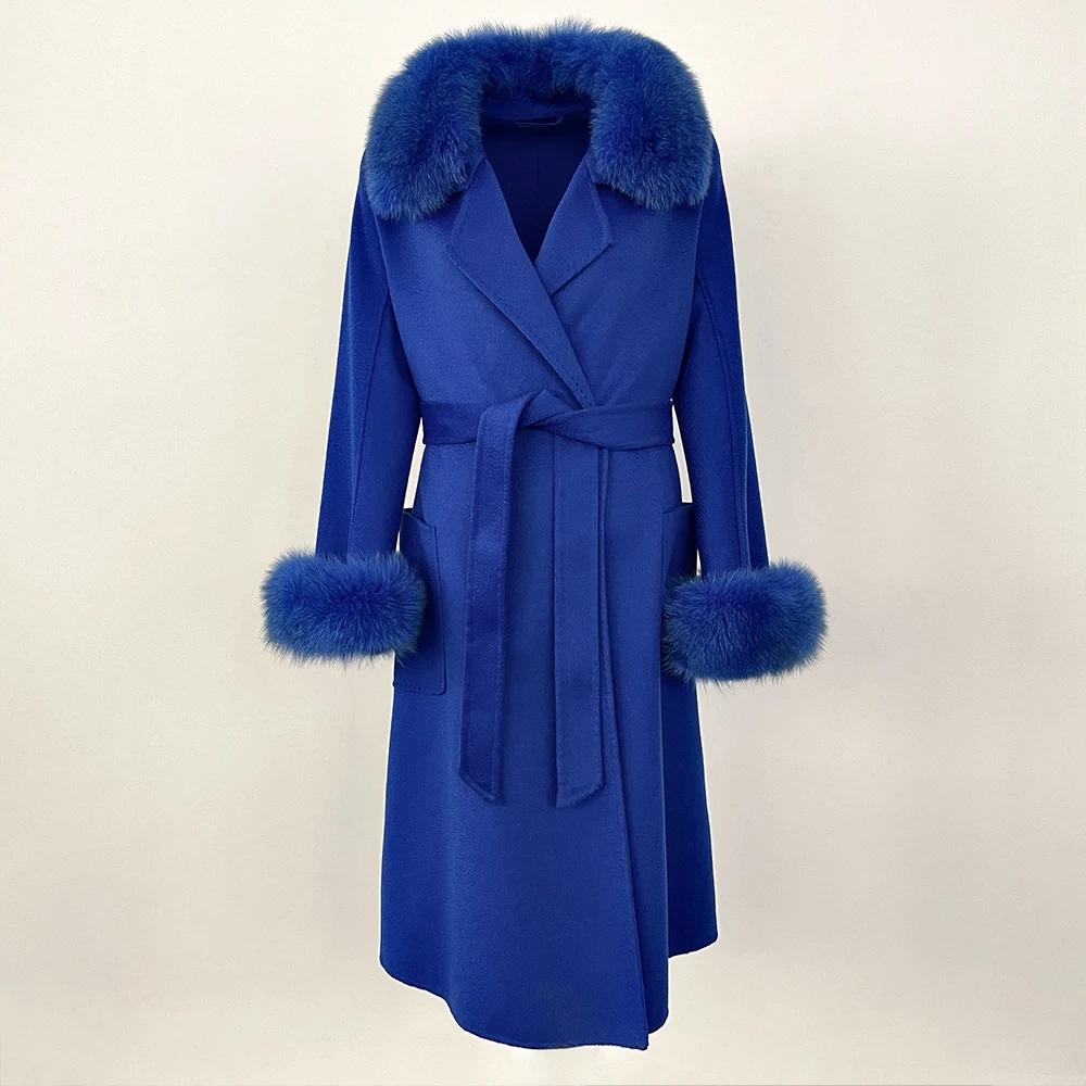 Woman Trend 2024 Autumn Winter 100% Double-sided Wool Coat Ladies Real Fox Fur Collar Detachable Long Coat
