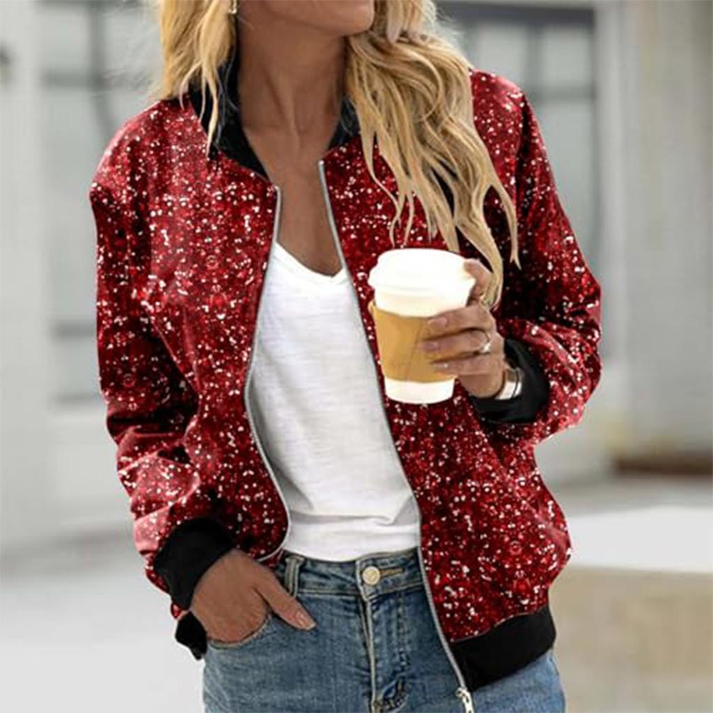 Women's Fashion Long Sleeve Sequin Print Round Neck Zip Jacket