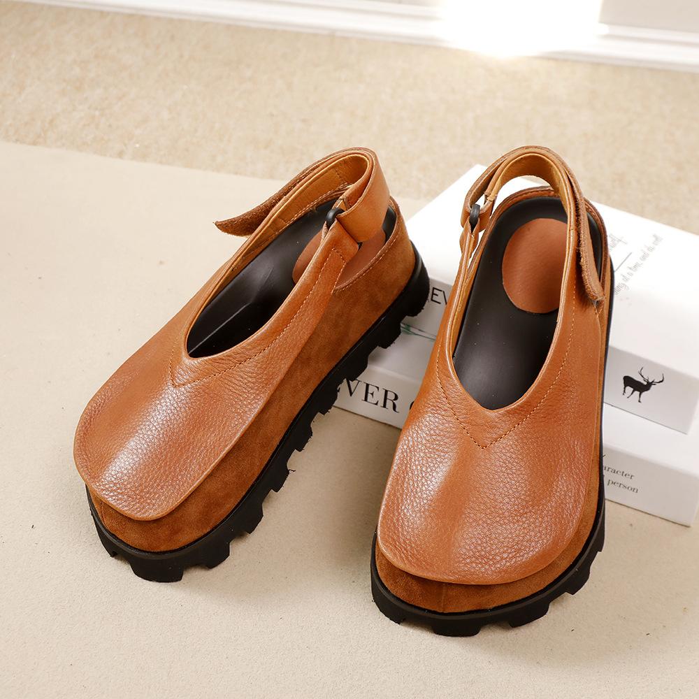 Fashion 2025 Spring New Thick-soled Women's Shoes High-grade Genuine Leather Round-toe Soft-soled Flat Thick-soled Sandals