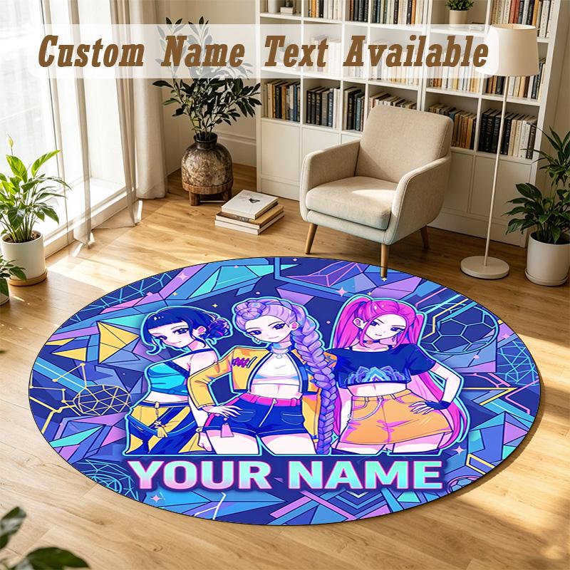 Round Rug Custom NameKpop Demon Hunters Pattern Non Slip Carpet Home Floor Decor