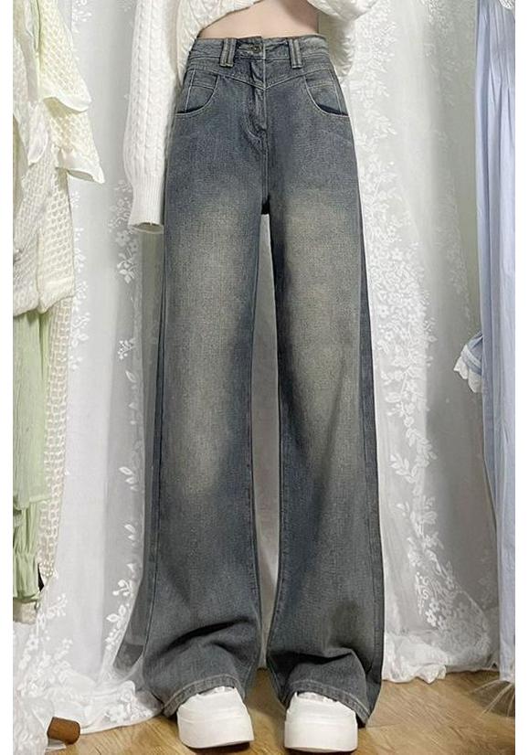 Women's Retro Wide-Leg Velvet High-Waisted Jeans - Plus Size, Autumn/Winter, Slimming Wheat Ear Straight-Leg, Floor-Length Pants.