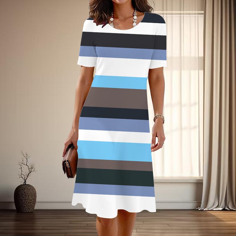 Women's Fashion Graceful Stripe Print Summer Spring Short Sleeve O-Neck Casual Dresses