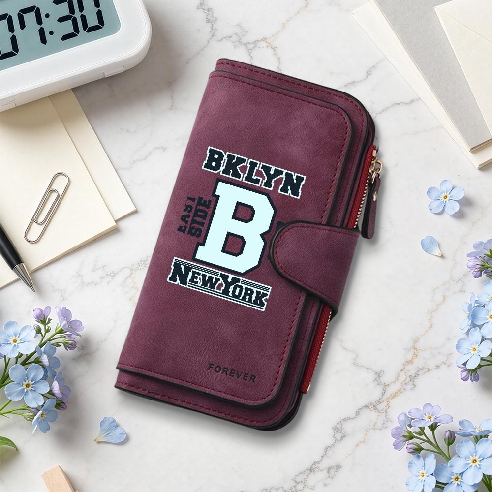 BKLYN New York Print Long Wallet Casual Portable Multi Slot Card Holder Fashion PU Leather Wallet for Daily Use 