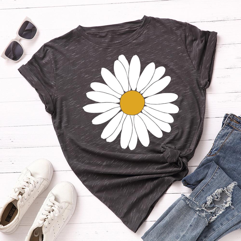 Big Sun Flower Cotton T-Shirt Short Sleeve Round Neck Women 2d Print Tops