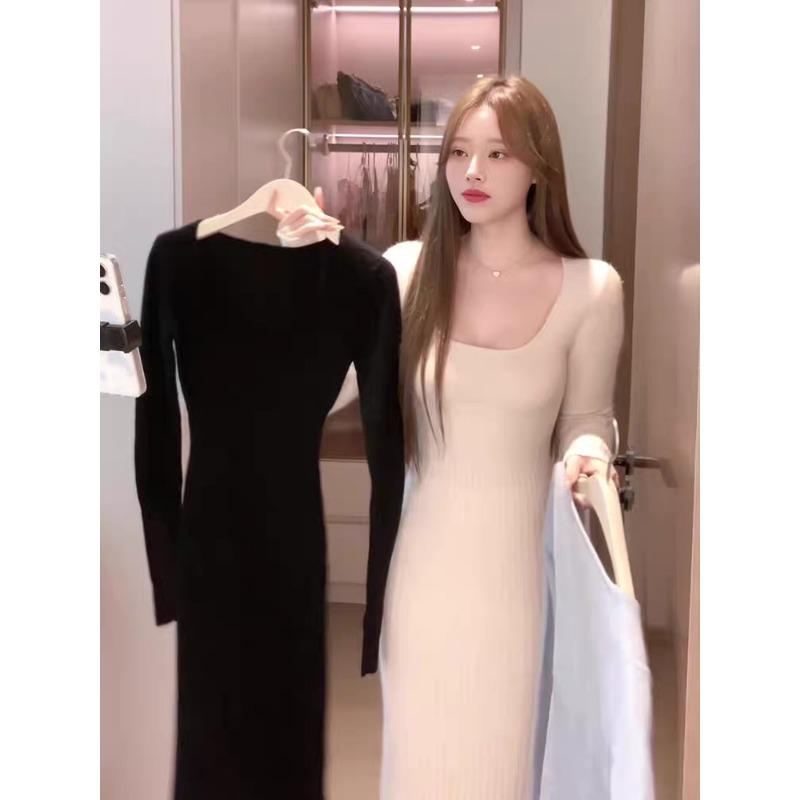 

[] Осень новый красивый облегающий низ с обхватом бедер с трикотажным платьем с длинными рукавами для детей XL чёрный