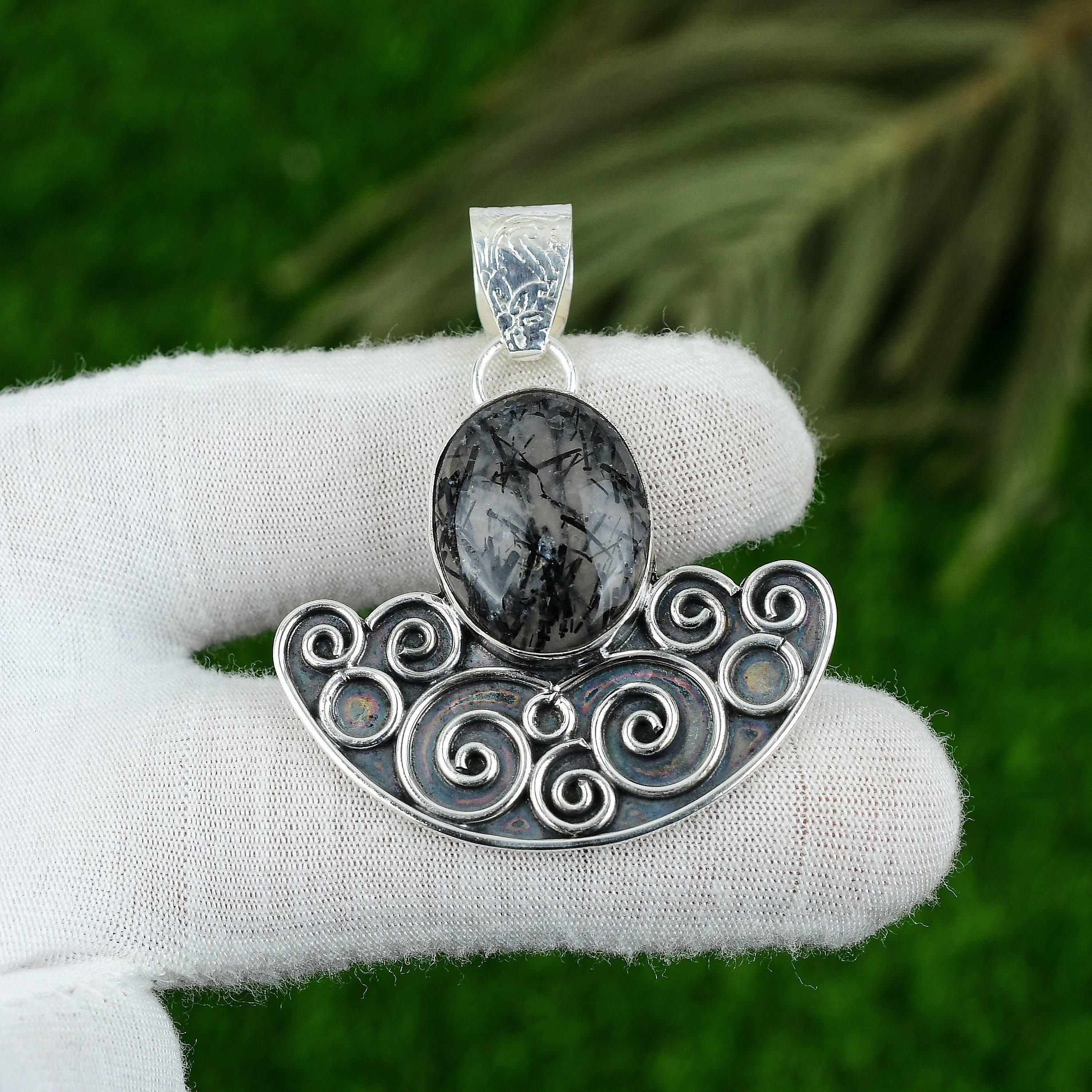 Friendship Day Deal Sterling Silver Black Rutile Stone Mother Pendant Jewelry