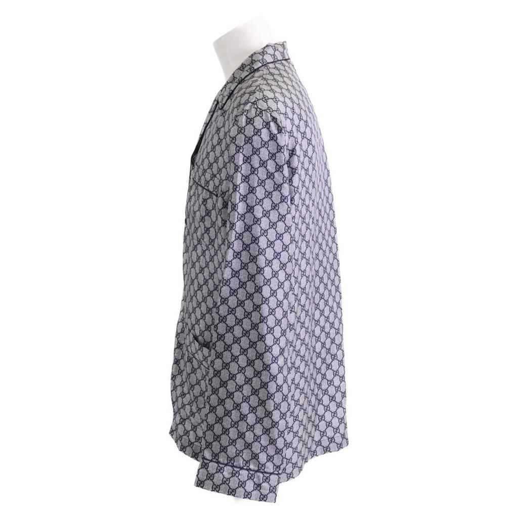 GUCCI [/Domestic Regular] 794903 GG Print Silk Long Sleeve Pajama Shirt/ tops Navy / grayUsed