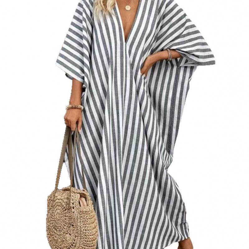 Europäisches & Amerikanisches Sommer 2026 V-Ausschnitt Gestreift Locker Freizeit Strandkleid
