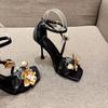 2024 Sommer Stiletto Knöchelriemen Metallblumen Sandalen
