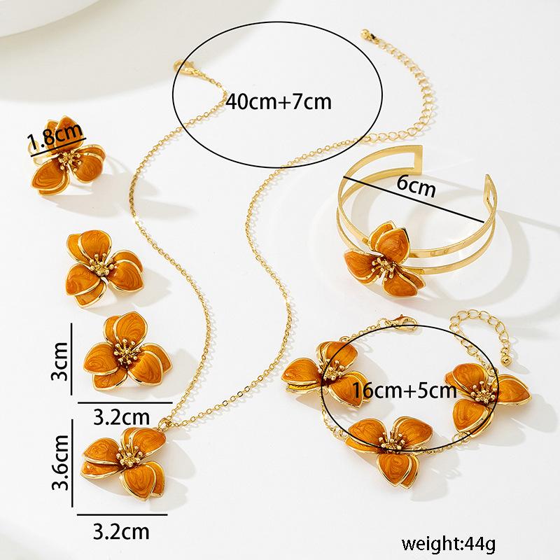 Simple Oil-Infused Flower Earrings And Necklace Set - Casual Jewelry Set For Women