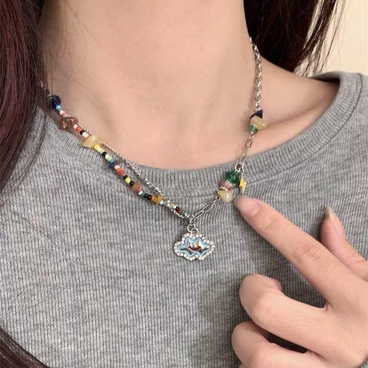 2024 New Sweet Cool Wind Colorful Stone Love Drop Glaze Necklace Women's Summer Niche Design Internet Celebrity Babes Collarbone Chain