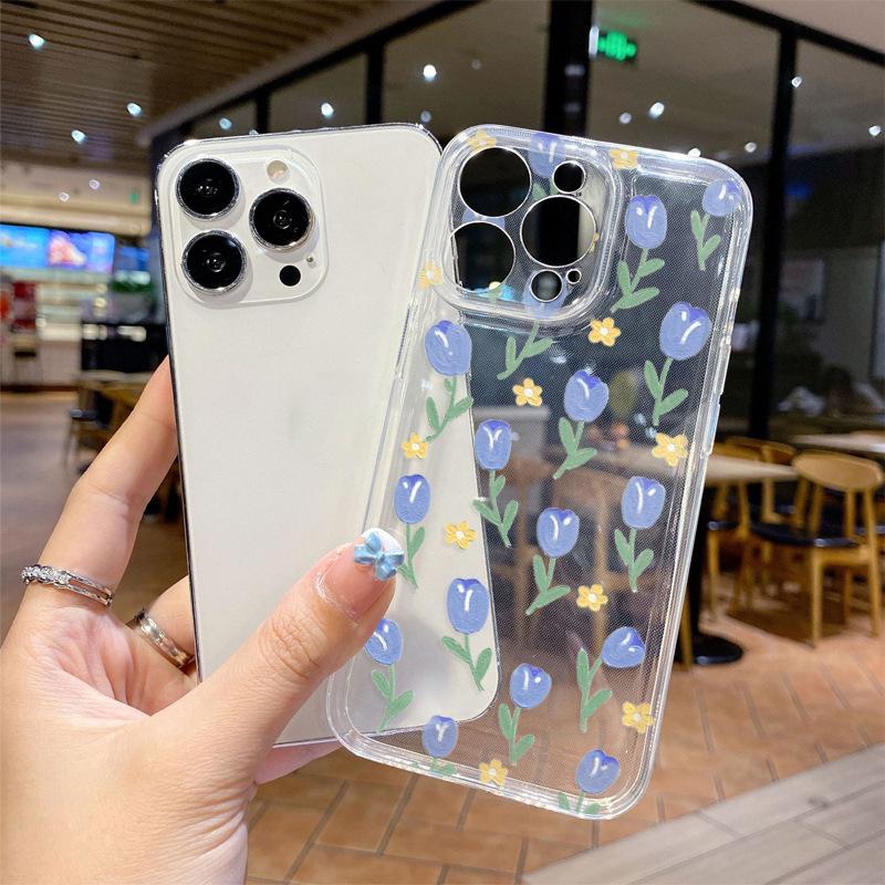 Processing and production of small fresh blue tulip mobile phone case UV painted Apple transparent 13 protective case