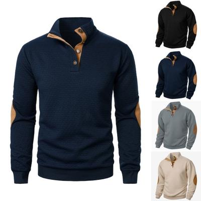 Sweat-shirt pour hommes avec poignets élastiques, col montant, manches longues, patchwork, ample, boutons de couleur contrastée, décontracté, tenue quotidienne, école, haut mi-long