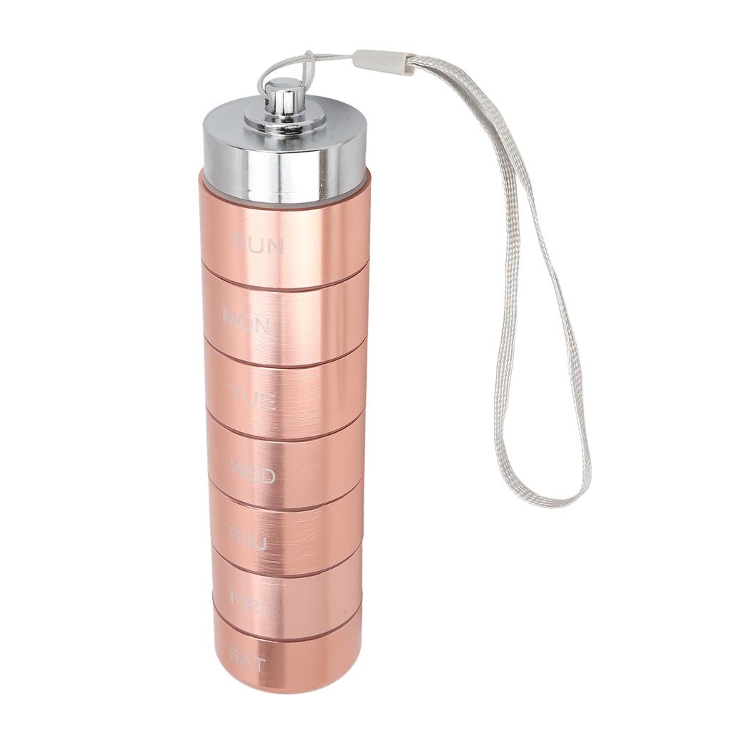 Metal Weekly Travel Medicine Organizer Portable Waterproof 7 Days Aluminum Alloy Tablets Box with Lanyard Rose Gold