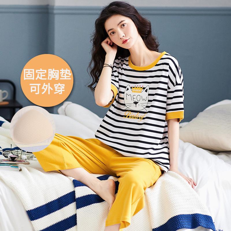 Women's Padded Pajamas for Summer 1011, New Pure Cotton Short-sleeve Five-point Pants, Thin Cute Summer Loungewear Set