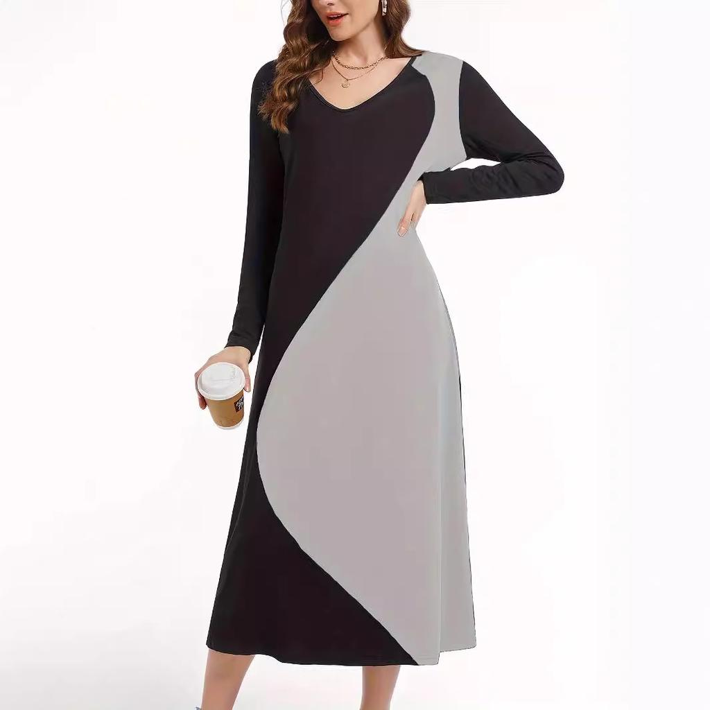 Spring and Autumn Women's Collision Splicing V-neck Long-sleeved Dress Temperament and Elegance Dress