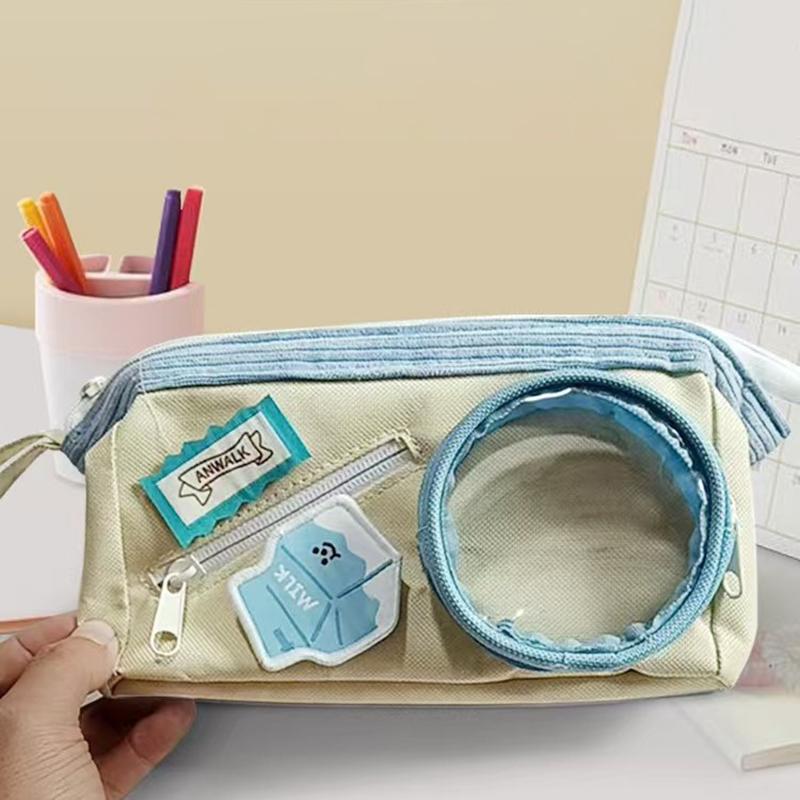 

Милый пенал с контрастной строчкой, многослойный пенал большой вместимости, пенал для DIY, сумка для боли для девочек бежевый