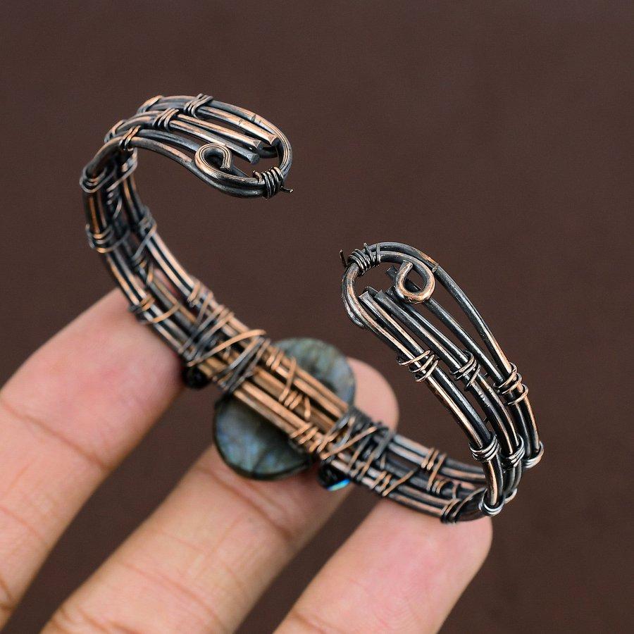 Natural Labradorite Gemstone Handmade Copper Wire Wrap Cuff Bangle Adj. M1t29
