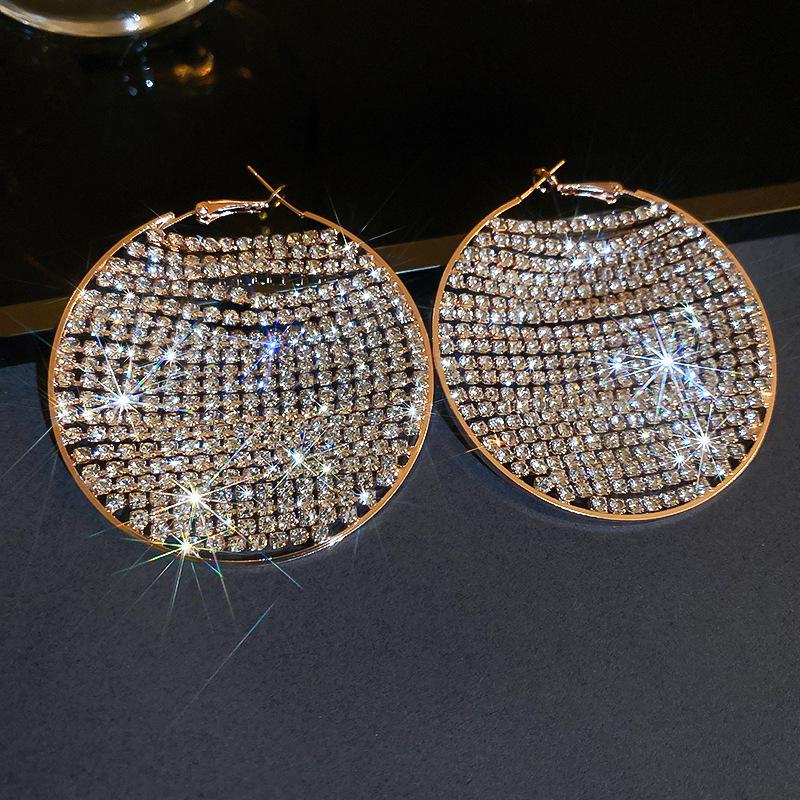 Shiny Full Rhinestones Large Hoop Earrings for Women Exaggerated Crystal Big Circle Ear Buckles Lavish Party Jewelry Gifts K