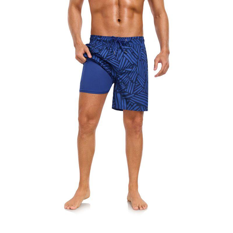 Men's Double-Layer Printed Beach Shorts Drawstring Swim Trunks
