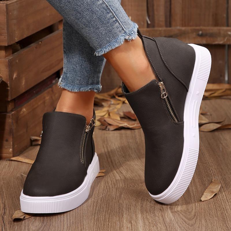Fashion Inside Heightened Single Shoes Autumn New Round Toe Side Zipper Platform Non-Slip Wear-Resistant Flats