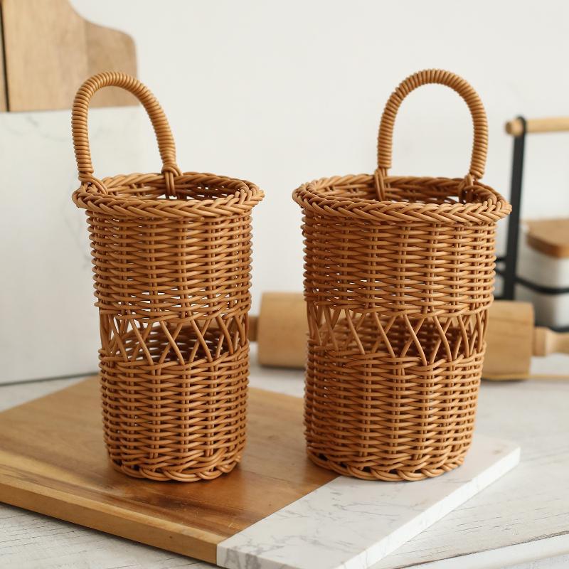 Rattan Weaving Chopstick Cage Wall Mounted Simulated Flower Decoration Hanging Basket Kitchen Tableware Storage Holder