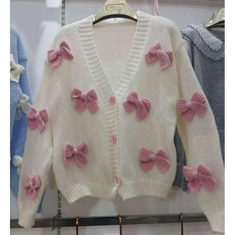2026 Womens V-Neck Knit Cardigan Loose 3D Bow Sweater Coat Soft Warm Winter