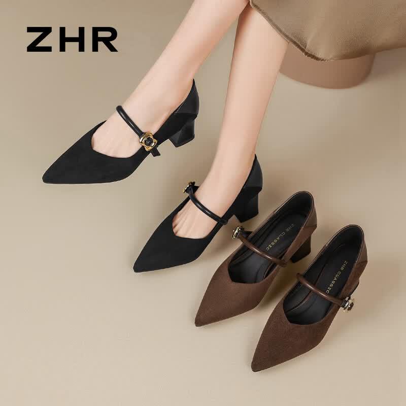 ZHR Women's Pointed Toe Mary Jane Block Heels