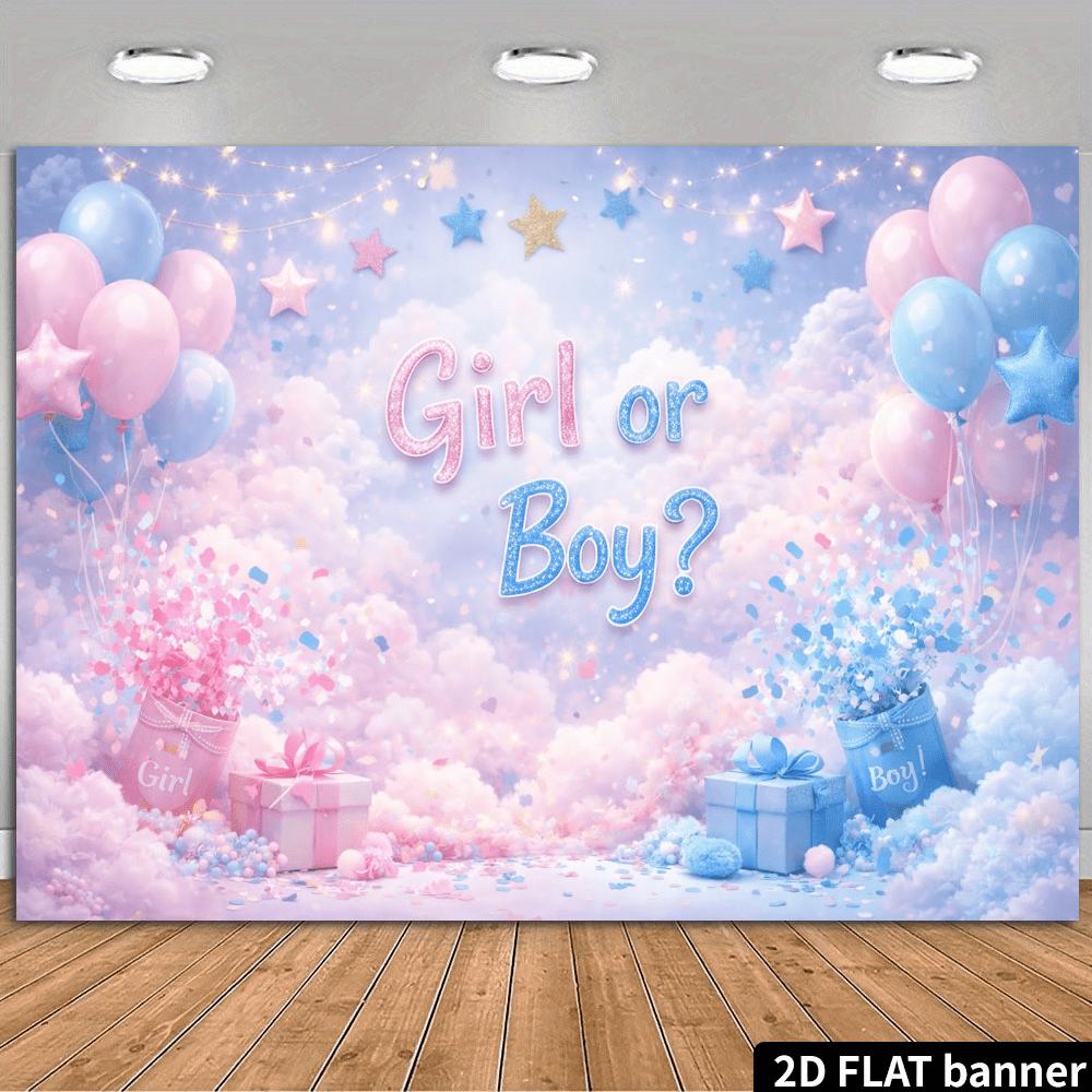 2D flat party banner background with soft cloud and balloon patterns, featuring the bold "Girl or Boy?" text at the center