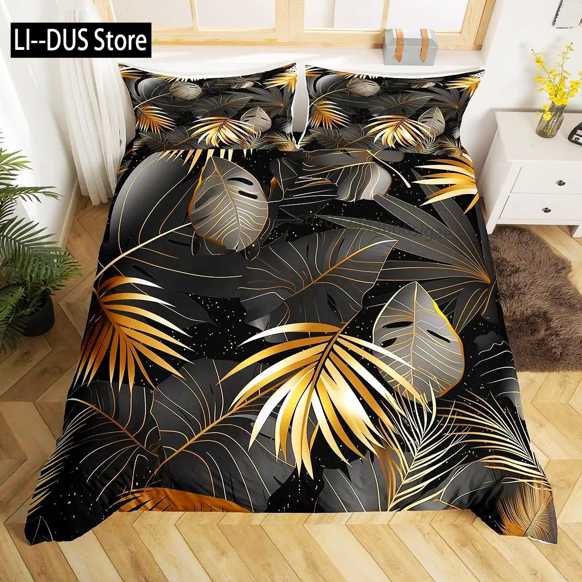 

Tropical Botanical Duvet Cover Gold Palm Tree Leaf Comforter Cover King Jungle Nature Theme Watercolor Plant Leaves Bedding Set EU single(135x200cm)