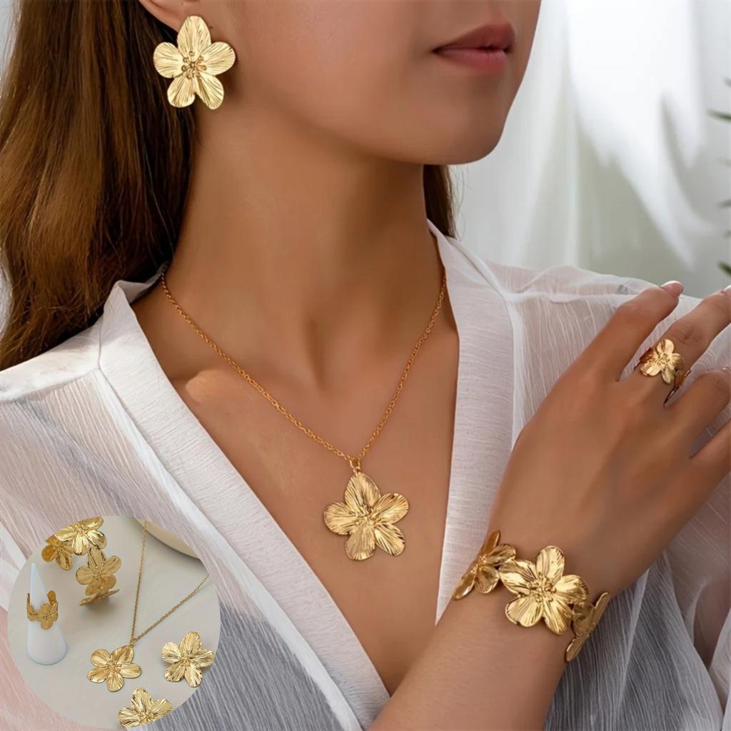 5pcs Elegant Golden-Tone Floral Jewelry Set - Vintage Style, Includes Necklace, Bracelet, Ring,and Earrings Ideal for Daily Wear
