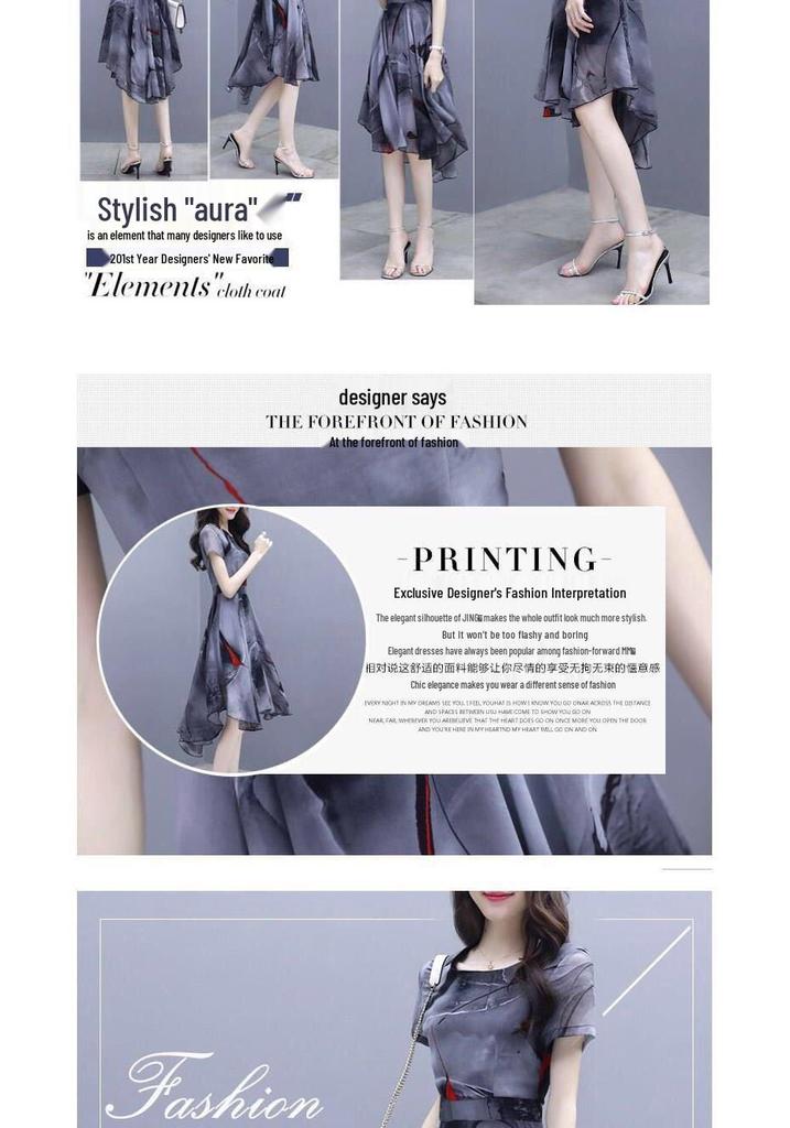 2026 Summer Women's Short Sleeve Chiffon Swallowtail Dress with Korean Print