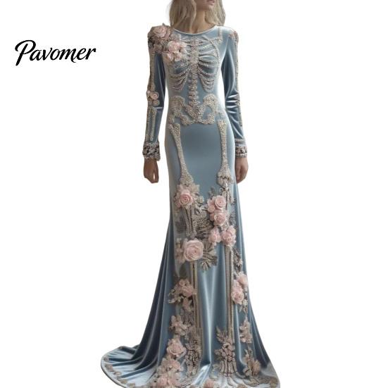 Skeleton Print Maxi Dress Women Dress, Gothic Long Sleeve with Evening 3D Flower Decor, Velvet Floral for Halloween Costume Party Design
