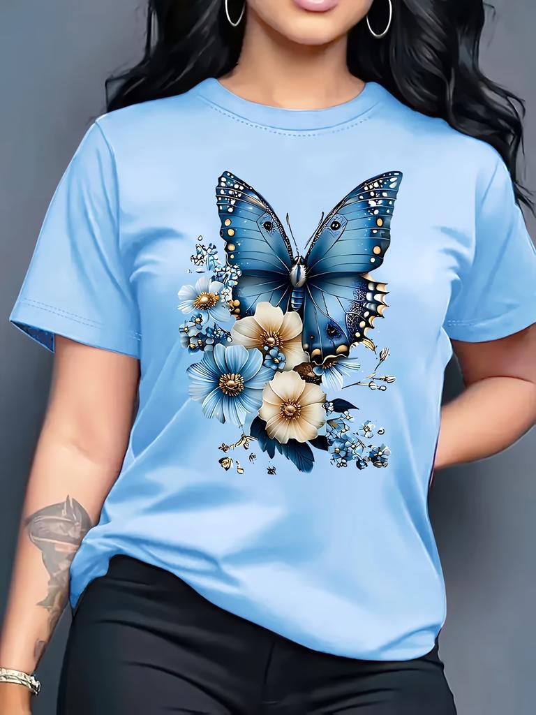 Women's Sparkling Rhinestone Butterfly T-Shirt Blue Green Glitter Print Tee Casual Crew Neck Short Sleeve Top Plus Size T Shirts