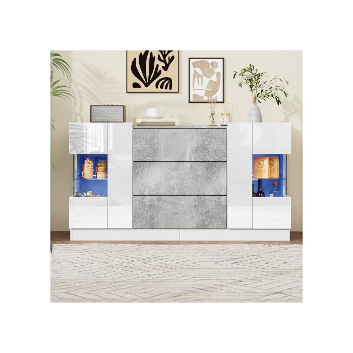 Buffet Élégant, 2 Portes Et 3 Tiroirs - Plateau En Marbre Blanc Et Gris Brillant, Éclairage LED 16 Couleurs, 140 X 35 X 75 Cm