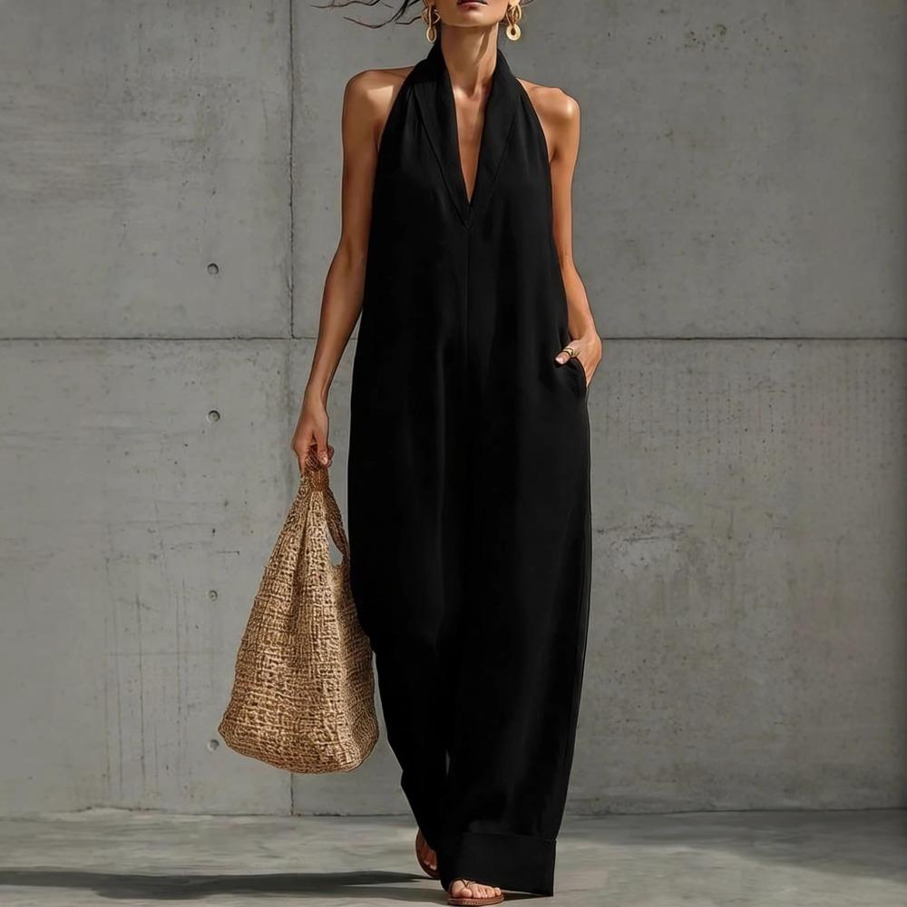 Women's Halter Neck Sleeveless Loose Wide Leg Jumpsuit Casual V Neck Polyester Jumpsuit