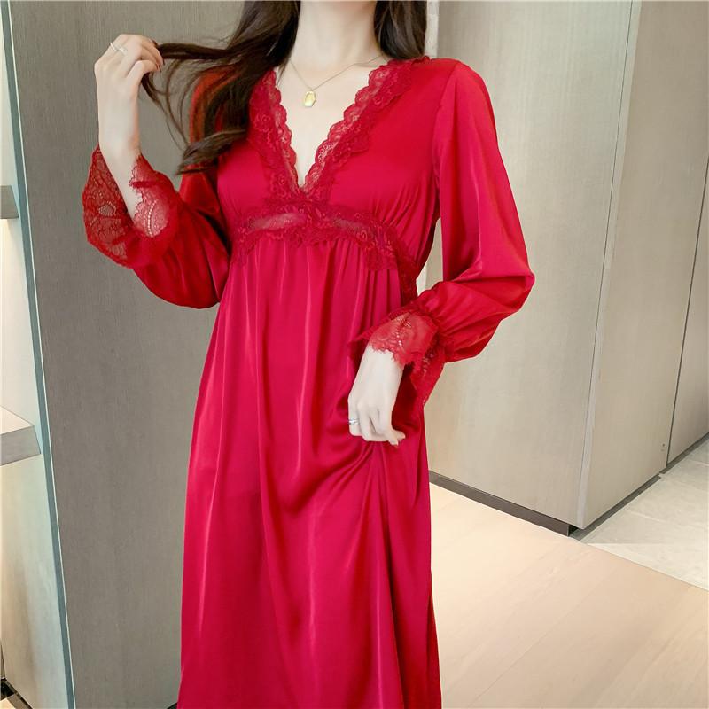 Women's Four Seasons Casual Comfortable Homewear Long Sleeve Thin Solid Color V-Neck Dresses