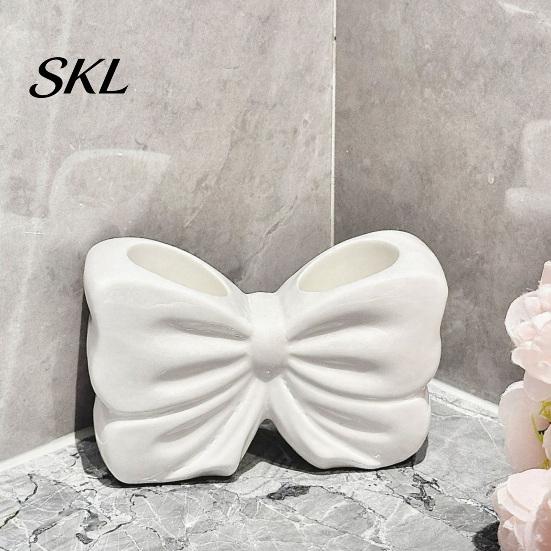 Double Hole Bathroom Holder 3D Printed Bow Toothbrush Holder, Adhesive Cup with Dual Holes for Counter Organizer & Toothpaste, Cute Decor, Minimalist