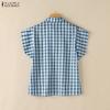 ZANZEA Women Casual Turn Down Collar Short Sleeve Loose Plaid Print Blouse