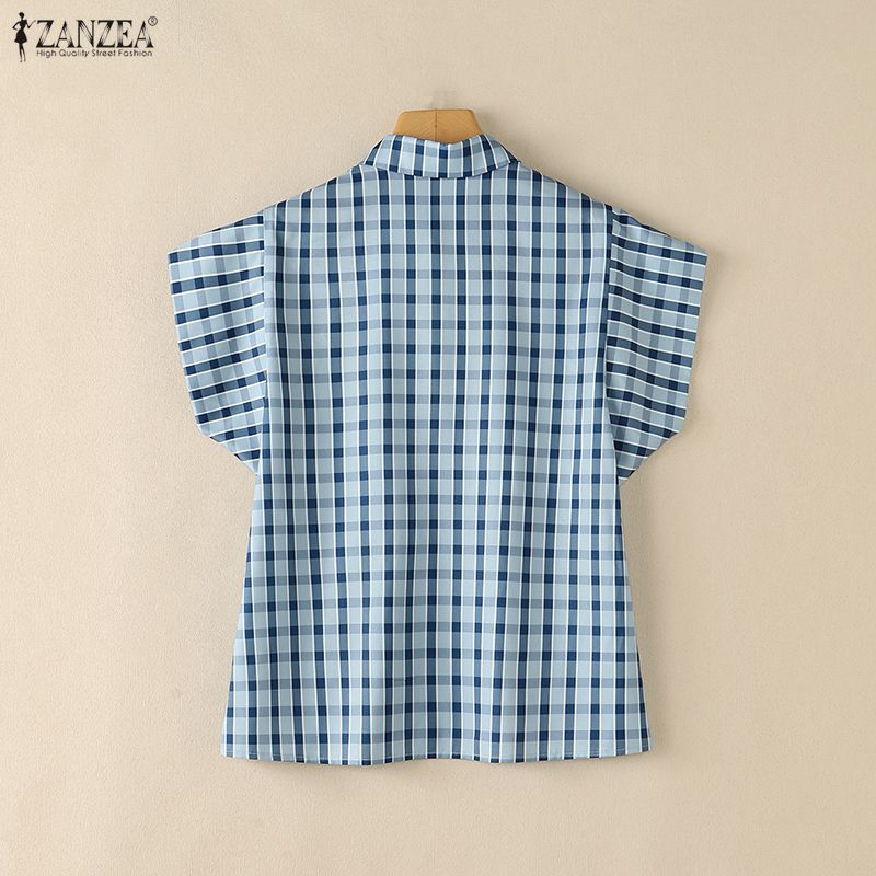 ZANZEA Women Casual Turn Down Collar Short Sleeve Loose Plaid Print Blouse