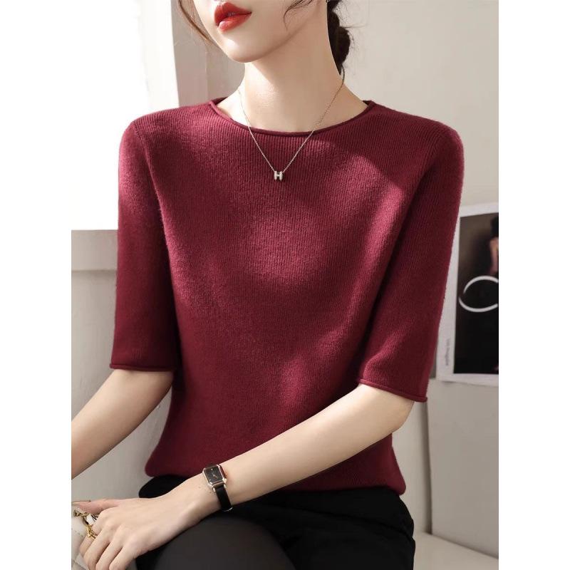 

Korean Wine Red Rolled Edge Mid-Sleeve Top – Women s Autumn 2026 High-End Casual Style Large вина червоного кольору