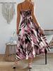 Women Abstract Leaf Print Midi Sundress Spaghetti Strap V Neck A Line Dress with Self Tie Waist Belt Back Adjustable Straps Summer for Beach Vacation