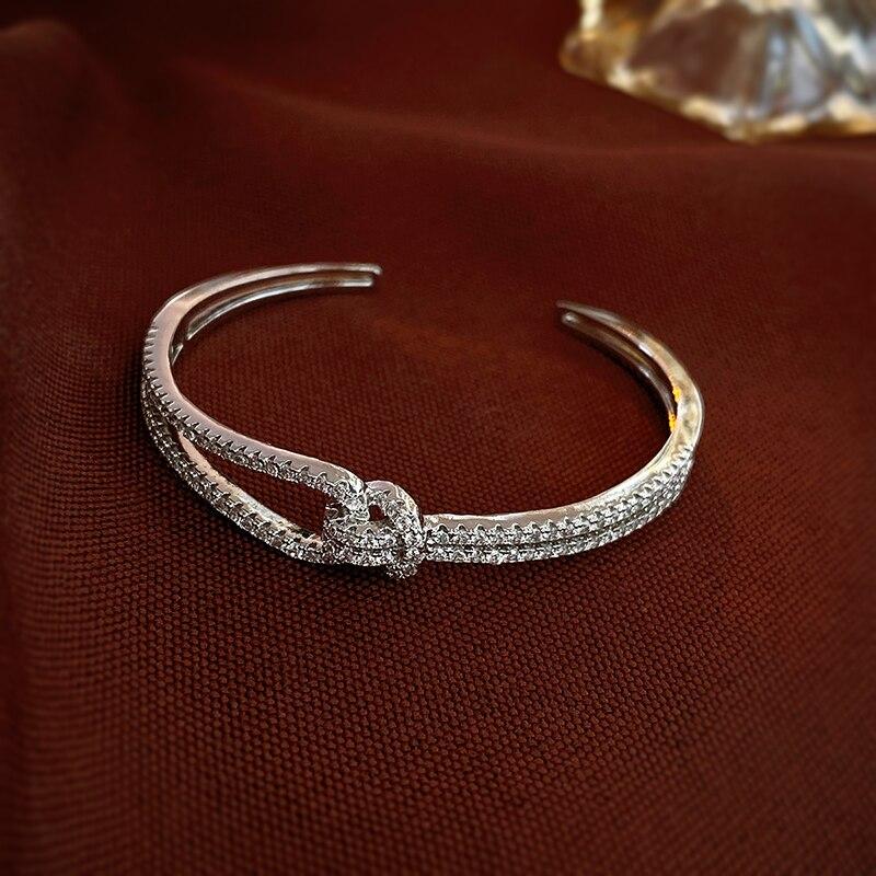 Elegant Zircon Cuff Bracelet Gold Plated Copper Knot Opening Bangle Minimalist Women's Wedding Party Jewelry