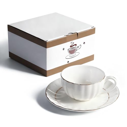 YFWOOD Bone China Cup & Saucer, 180ml, White, Suitable for Tea and Coffee, Lightweight and Stylish, Perfect As a Gift for Breakfast or Afternoon Tea