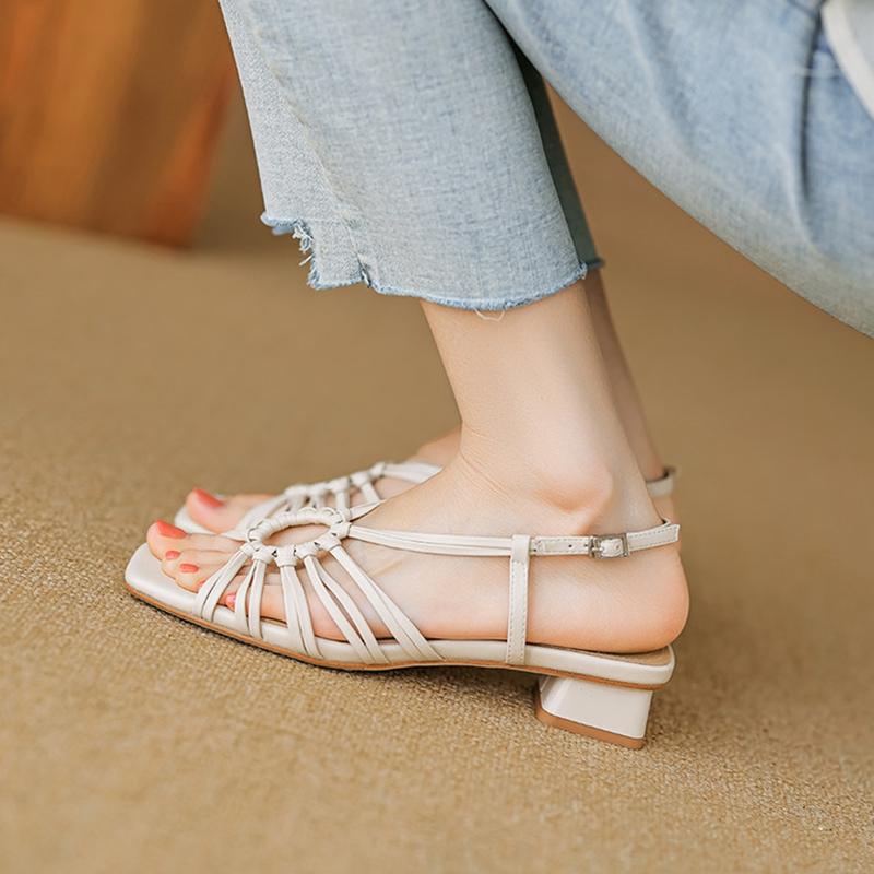 Fashion NEW Summer Women Sandals Square Toe Chunky Heel Shoes Split Leather Shoes for Women Narrow Band Buckle Strap Modern Sandals