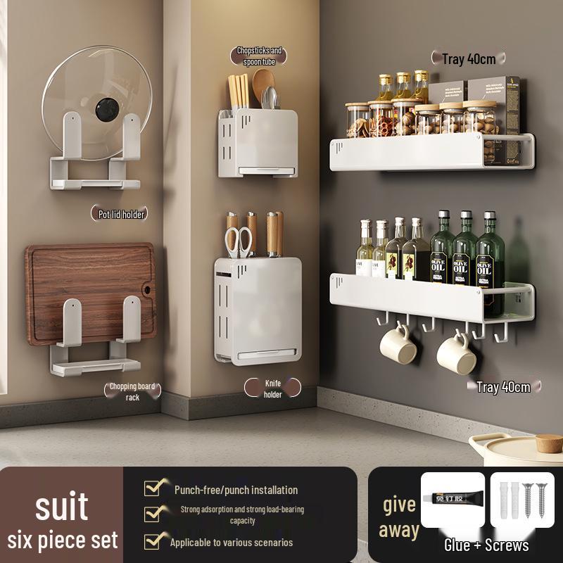 No-Drill Wall-Mounted Kitchen Storage Rack: Multifunctional Holder for Knives, Chopsticks, Pot Lids, and Seasoning Condiments